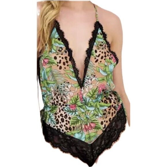 INC XXL Green Floral Jungle Chiffon Print Lace Trim Drawstring Tie Sides Teddy - Picture 2 of 5
